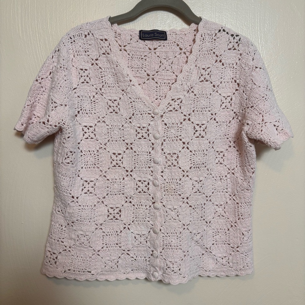 Laura Scott Women’s Sweater Crochet Square Knit‎ Scallop Edge Pink Size Large